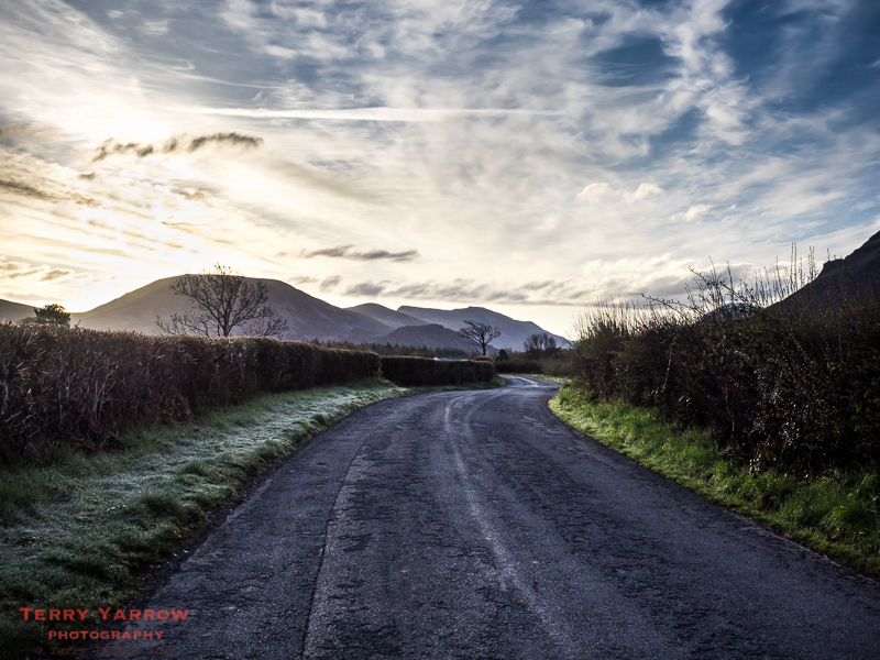 Sunrise and frost on the road to Ennerdale Water